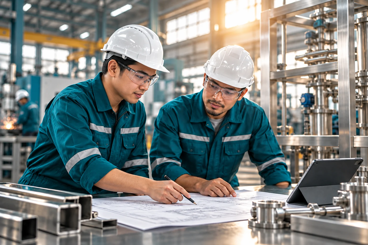 Visual konsep engineer membahas rancangan dan kebutuhan mesin